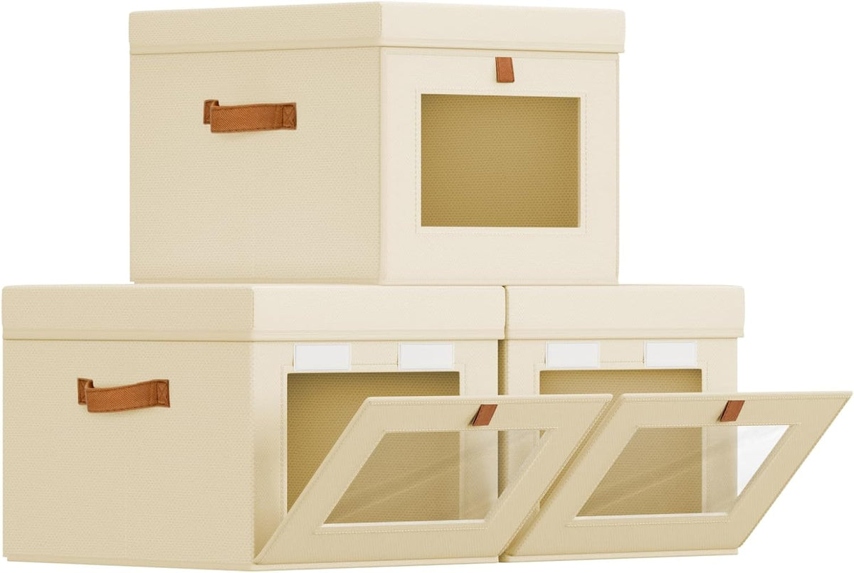 Storage Bins with Lid – Closet Organizer with Side Opening and Clear Window, Foldable Stackable Fabric Basket for Clothes Storage, Bedroom, Nursery, Office, 3 Pack, Beige