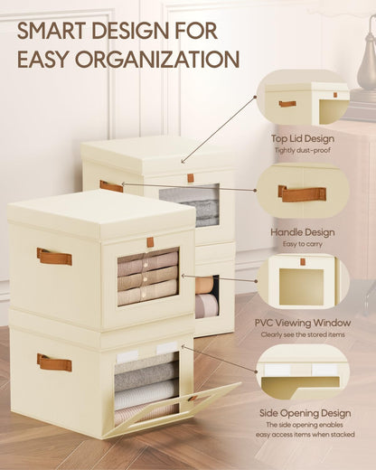 Storage Bins with Lid – Closet Organizer with Side Opening and Clear Window, Foldable Stackable Fabric Basket for Clothes Storage, Bedroom, Nursery, Office, 3 Pack, Beige
