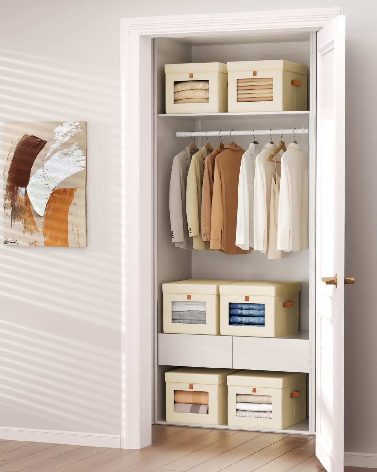 Storage Bins with Lid – Closet Organizer with Side Opening and Clear Window, Foldable Stackable Fabric Basket for Clothes Storage, Bedroom, Nursery, Office, 3 Pack, Beige