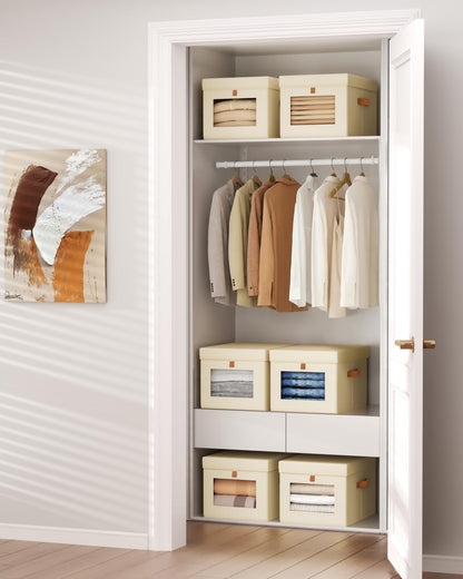 Storage Bins with Lid – Closet Organizer with Side Opening and Clear Window, Foldable Stackable Fabric Basket for Clothes Storage, Bedroom, Nursery, Office, 3 Pack, Beige