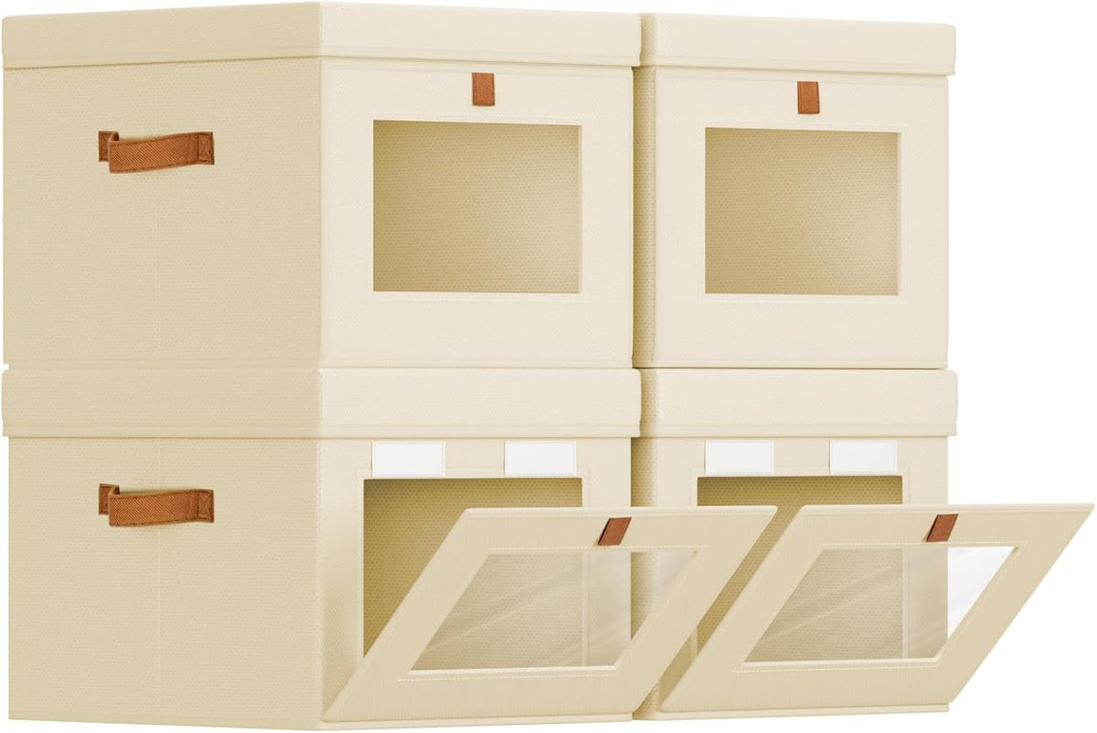 Storage Bins with Lid – Closet Organizer with Side Opening and Clear Window, Foldable Stackable Fabric Basket for Clothes Storage, Bedroom, Nursery, Office, 3 Pack, Beige