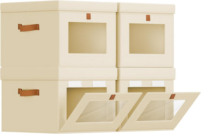 Storage Bins with Lid – Closet Organizer with Side Opening and Clear Window, Foldable Stackable Fabric Basket for Clothes Storage, Bedroom, Nursery, Office, 3 Pack, Beige