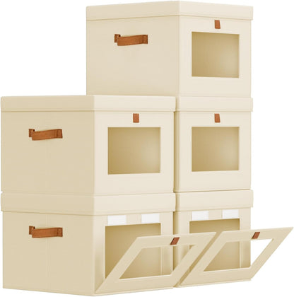 Storage Bins with Lid – Closet Organizer with Side Opening and Clear Window, Foldable Stackable Fabric Basket for Clothes Storage, Bedroom, Nursery, Office, 3 Pack, Beige
