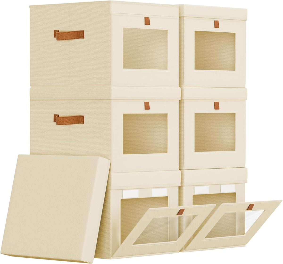 Storage Bins with Lid – Closet Organizer with Side Opening and Clear Window, Foldable Stackable Fabric Basket for Clothes Storage, Bedroom, Nursery, Office, 3 Pack, Beige
