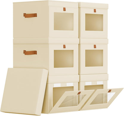 Storage Bins with Lid – Closet Organizer with Side Opening and Clear Window, Foldable Stackable Fabric Basket for Clothes Storage, Bedroom, Nursery, Office, 3 Pack, Beige