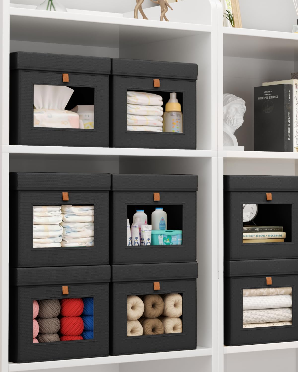 Storage Bins with Lid – Closet Organizer with Side Opening and Clear Window, Foldable Stackable Fabric Basket for Clothes Storage, Bedroom, Nursery, Office, 3 Pack, Beige