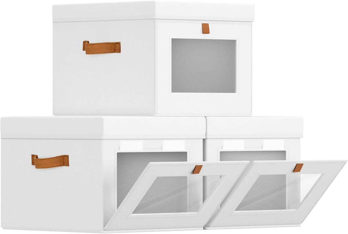 Storage Bins with Lid – Closet Organizer with Side Opening and Clear Window, Foldable Stackable Fabric Basket for Clothes Storage, Bedroom, Nursery, Office, 3 Pack, Beige