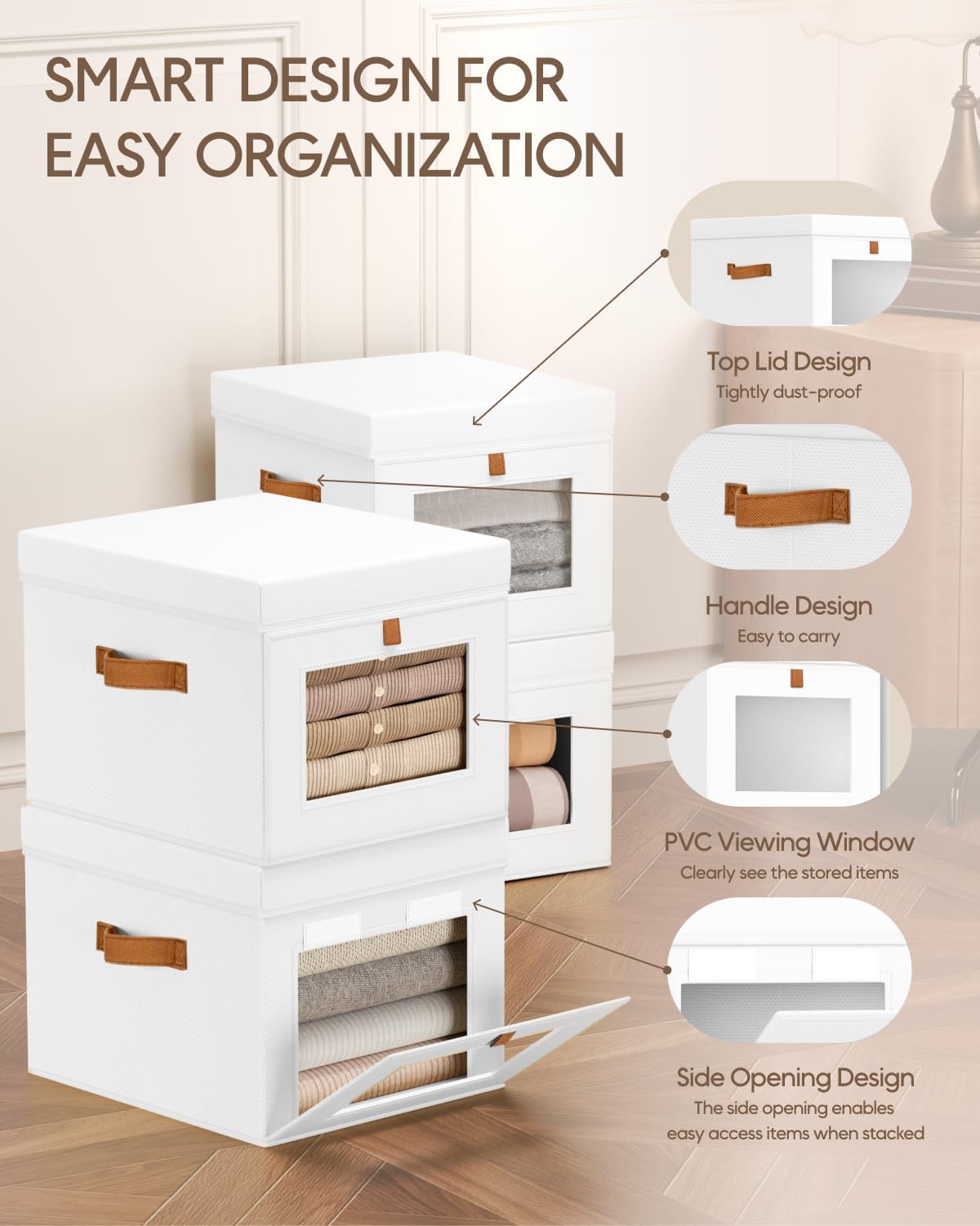 Storage Bins with Lid – Closet Organizer with Side Opening and Clear Window, Foldable Stackable Fabric Basket for Clothes Storage, Bedroom, Nursery, Office, 3 Pack, Beige
