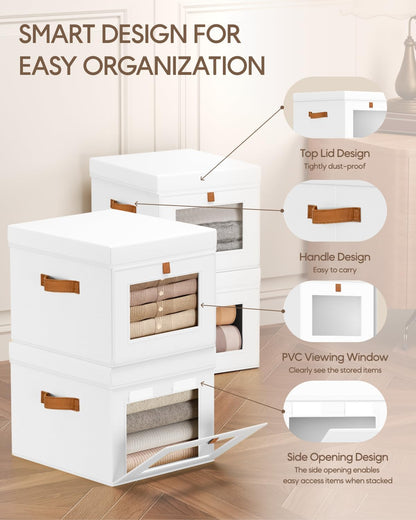 Storage Bins with Lid – Closet Organizer with Side Opening and Clear Window, Foldable Stackable Fabric Basket for Clothes Storage, Bedroom, Nursery, Office, 3 Pack, Beige