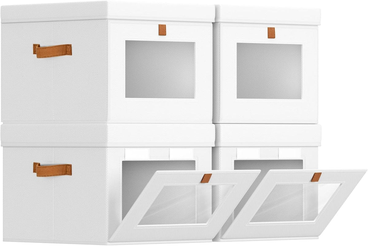 Storage Bins with Lid – Closet Organizer with Side Opening and Clear Window, Foldable Stackable Fabric Basket for Clothes Storage, Bedroom, Nursery, Office, 3 Pack, Beige