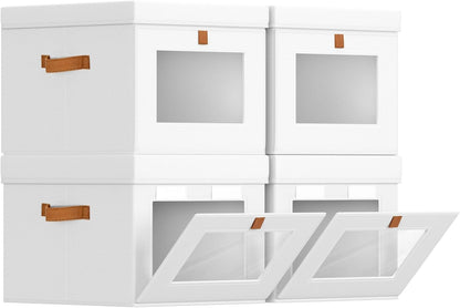 Storage Bins with Lid – Closet Organizer with Side Opening and Clear Window, Foldable Stackable Fabric Basket for Clothes Storage, Bedroom, Nursery, Office, 3 Pack, Beige