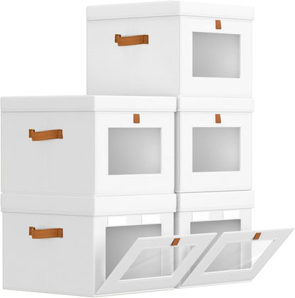 Storage Bins with Lid – Closet Organizer with Side Opening and Clear Window, Foldable Stackable Fabric Basket for Clothes Storage, Bedroom, Nursery, Office, 3 Pack, Beige