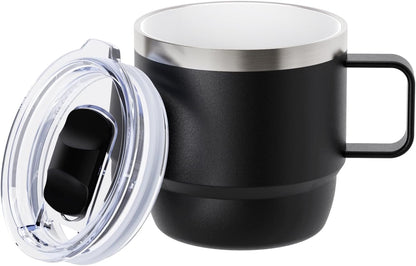 8 oz Small Coffee Mug with Magnetic Sliding Lid & Handle, Ceramic-Lined 18/8 Stainless Steel, Double-Wall Vacuum Insulated Espresso Coffee Cup, Stackable & Dishwasher Safe, White