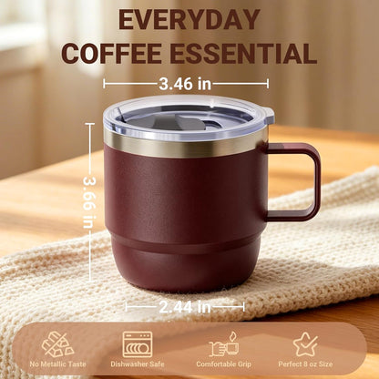 8 oz Small Coffee Mug with Magnetic Sliding Lid & Handle, Ceramic-Lined 18/8 Stainless Steel, Double-Wall Vacuum Insulated Espresso Coffee Cup, Stackable & Dishwasher Safe, White