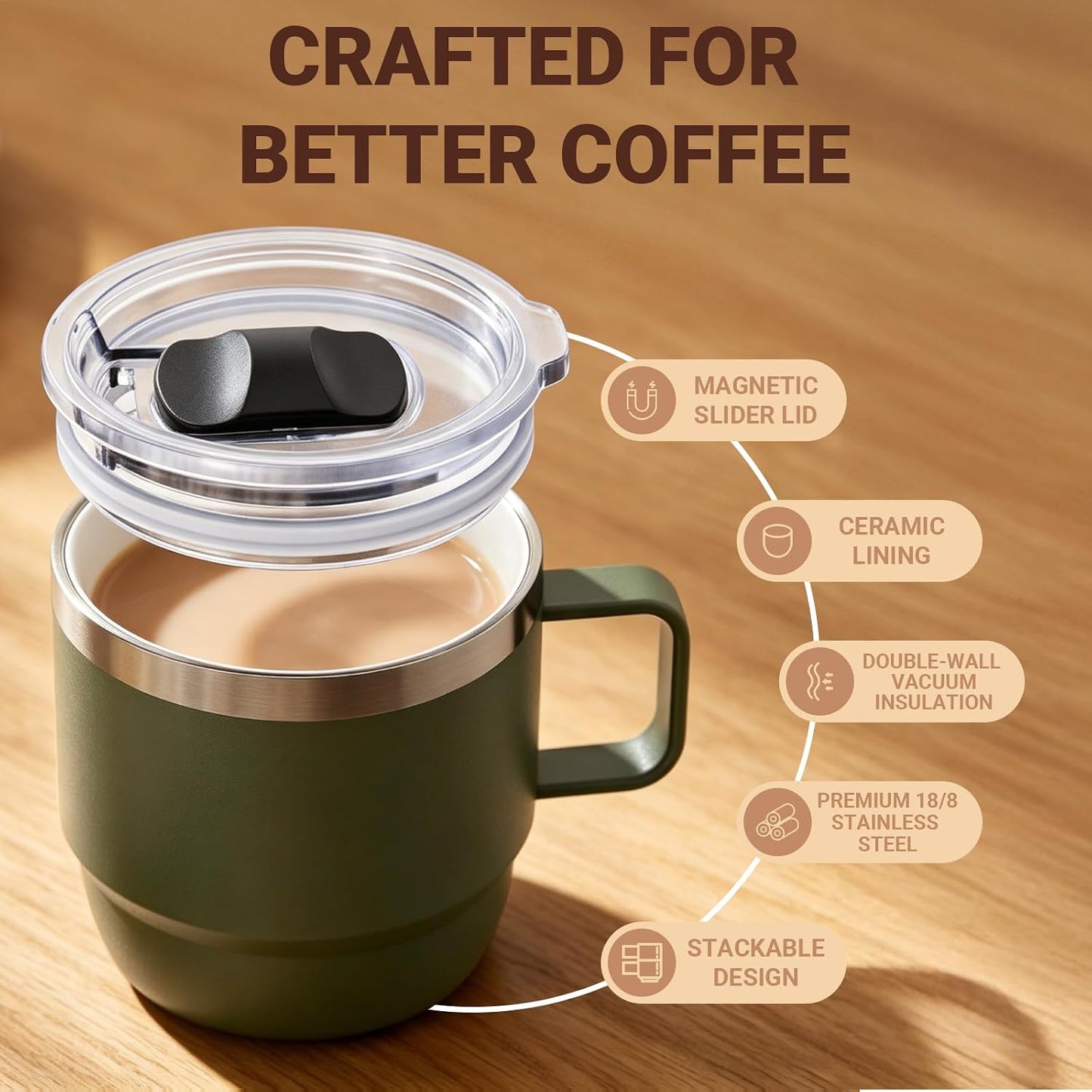 8 oz Small Coffee Mug with Magnetic Sliding Lid & Handle, Ceramic-Lined 18/8 Stainless Steel, Double-Wall Vacuum Insulated Espresso Coffee Cup, Stackable & Dishwasher Safe, White