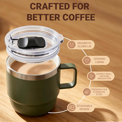 8 oz Small Coffee Mug with Magnetic Sliding Lid & Handle, Ceramic-Lined 18/8 Stainless Steel, Double-Wall Vacuum Insulated Espresso Coffee Cup, Stackable & Dishwasher Safe, White