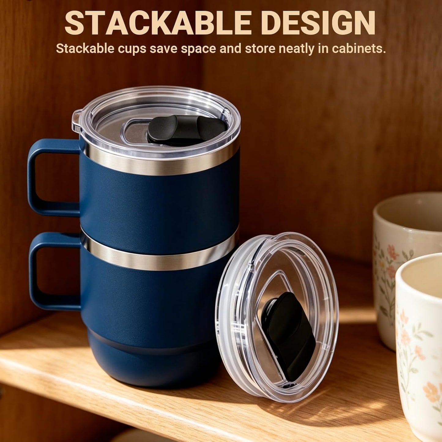 8 oz Small Coffee Mug with Magnetic Sliding Lid & Handle, Ceramic-Lined 18/8 Stainless Steel, Double-Wall Vacuum Insulated Espresso Coffee Cup, Stackable & Dishwasher Safe, White