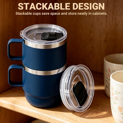 8 oz Small Coffee Mug with Magnetic Sliding Lid & Handle, Ceramic-Lined 18/8 Stainless Steel, Double-Wall Vacuum Insulated Espresso Coffee Cup, Stackable & Dishwasher Safe, White