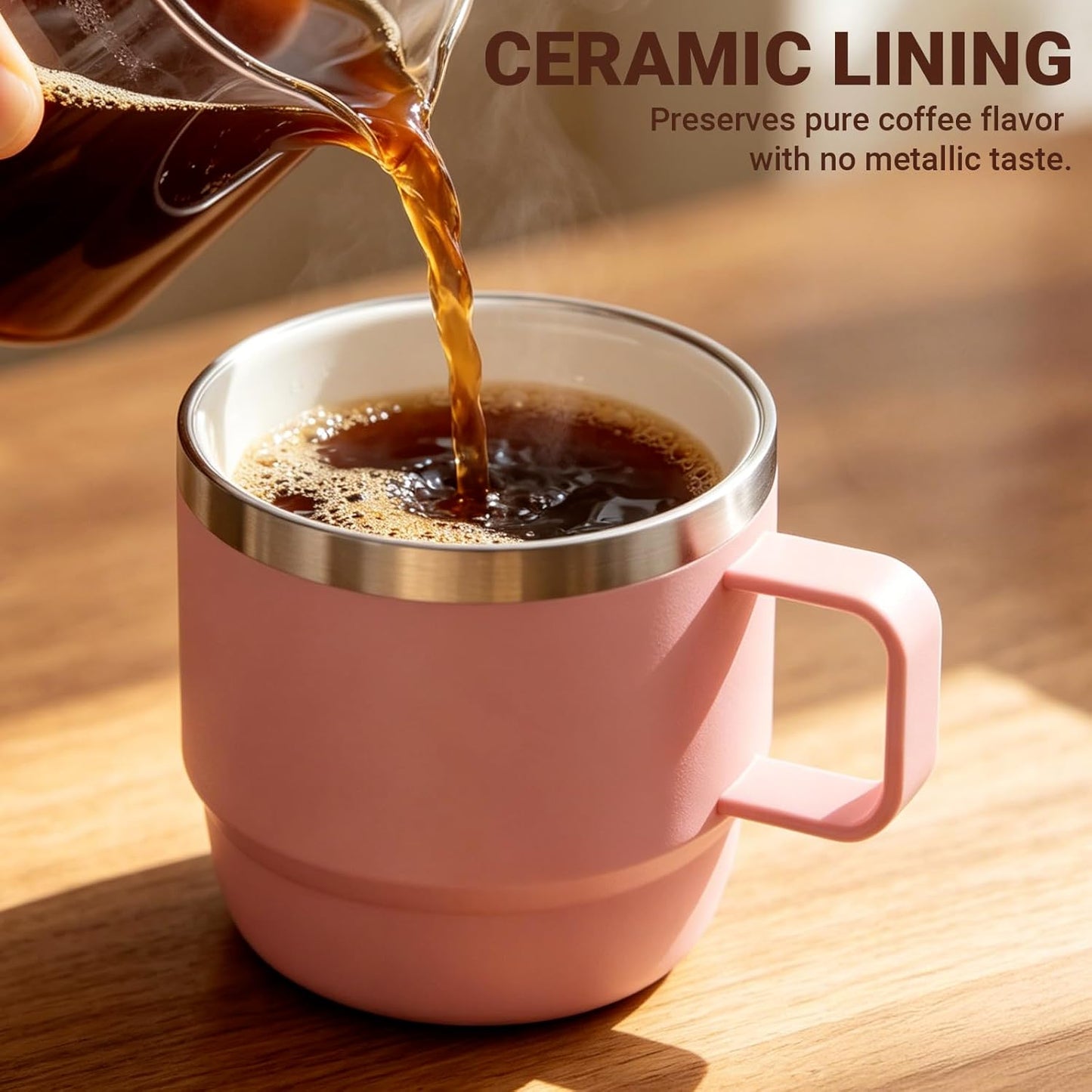 8 oz Small Coffee Mug with Magnetic Sliding Lid & Handle, Ceramic-Lined 18/8 Stainless Steel, Double-Wall Vacuum Insulated Espresso Coffee Cup, Stackable & Dishwasher Safe, White