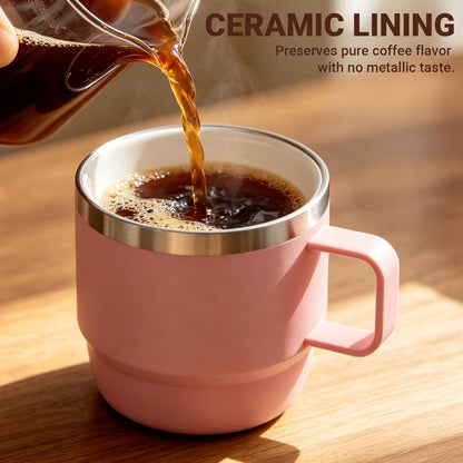 8 oz Small Coffee Mug with Magnetic Sliding Lid & Handle, Ceramic-Lined 18/8 Stainless Steel, Double-Wall Vacuum Insulated Espresso Coffee Cup, Stackable & Dishwasher Safe, White