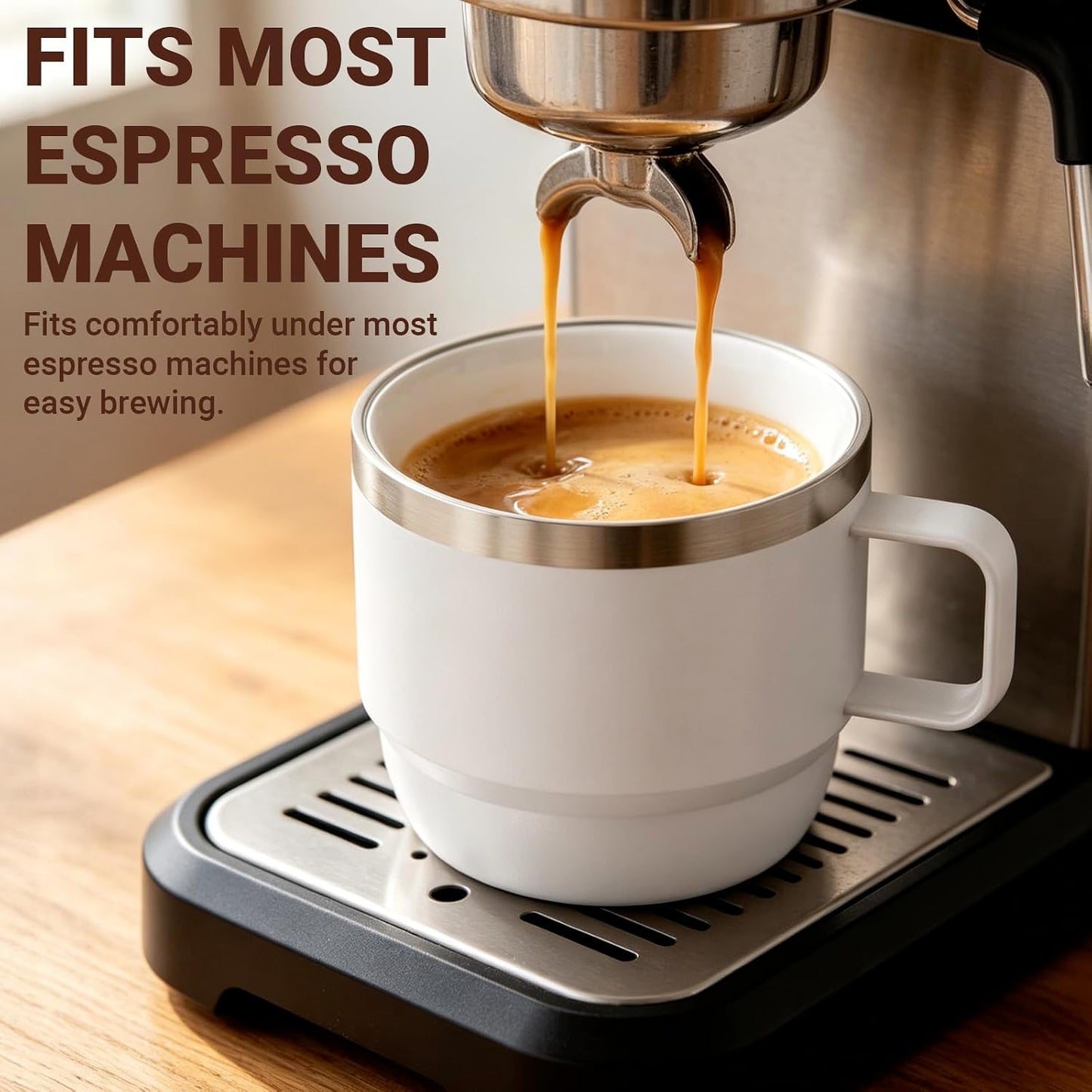 8 oz Small Coffee Mug with Magnetic Sliding Lid & Handle, Ceramic-Lined 18/8 Stainless Steel, Double-Wall Vacuum Insulated Espresso Coffee Cup, Stackable & Dishwasher Safe, White