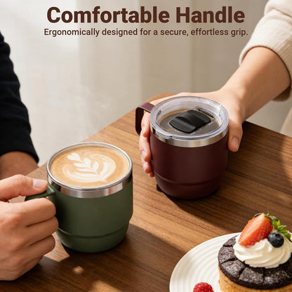 8 oz Small Coffee Mug with Magnetic Sliding Lid & Handle, Ceramic-Lined 18/8 Stainless Steel, Double-Wall Vacuum Insulated Espresso Coffee Cup, Stackable & Dishwasher Safe, White