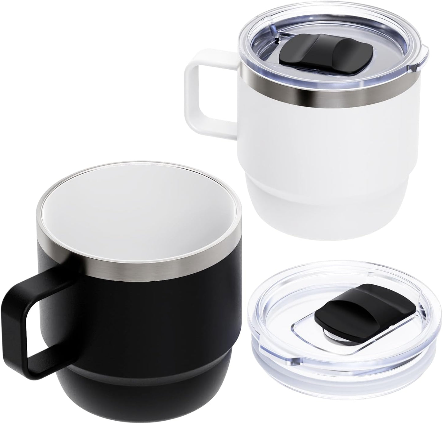 8 oz Small Coffee Mug with Magnetic Sliding Lid & Handle, Ceramic-Lined 18/8 Stainless Steel, Double-Wall Vacuum Insulated Espresso Coffee Cup, Stackable & Dishwasher Safe, White