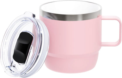8 oz Small Coffee Mug with Magnetic Sliding Lid & Handle, Ceramic-Lined 18/8 Stainless Steel, Double-Wall Vacuum Insulated Espresso Coffee Cup, Stackable & Dishwasher Safe, White