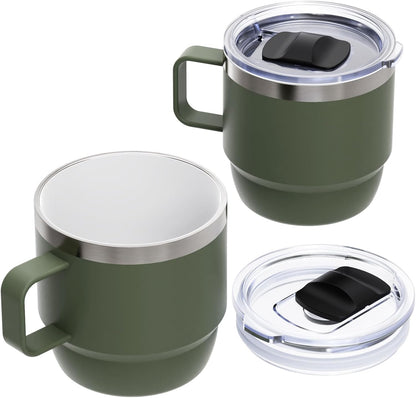 8 oz Small Coffee Mug with Magnetic Sliding Lid & Handle, Ceramic-Lined 18/8 Stainless Steel, Double-Wall Vacuum Insulated Espresso Coffee Cup, Stackable & Dishwasher Safe, White
