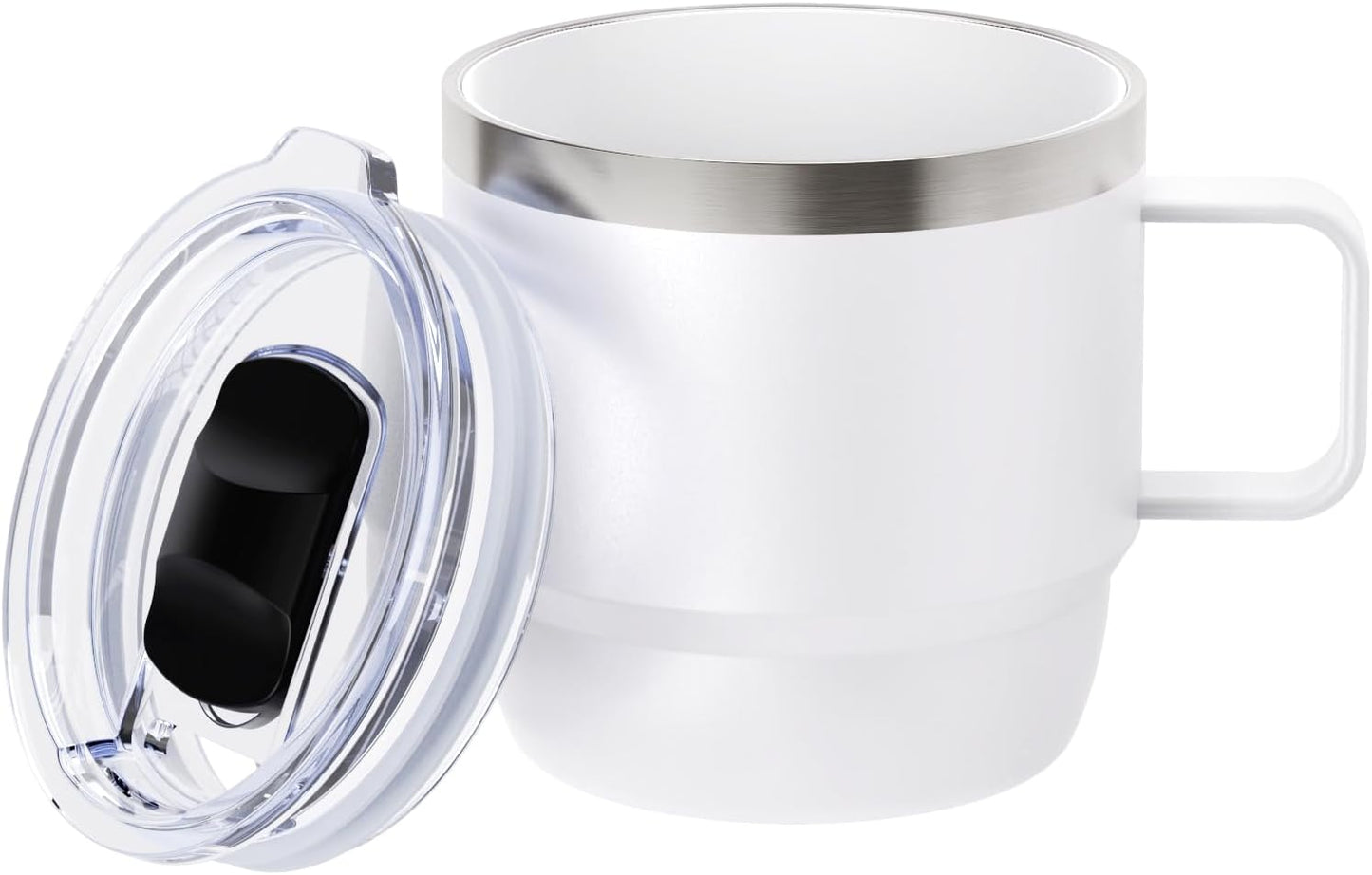 8 oz Small Coffee Mug with Magnetic Sliding Lid & Handle, Ceramic-Lined 18/8 Stainless Steel, Double-Wall Vacuum Insulated Espresso Coffee Cup, Stackable & Dishwasher Safe, White