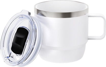 8 oz Small Coffee Mug with Magnetic Sliding Lid & Handle, Ceramic-Lined 18/8 Stainless Steel, Double-Wall Vacuum Insulated Espresso Coffee Cup, Stackable & Dishwasher Safe, White