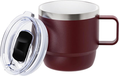 8 oz Small Coffee Mug with Magnetic Sliding Lid & Handle, Ceramic-Lined 18/8 Stainless Steel, Double-Wall Vacuum Insulated Espresso Coffee Cup, Stackable & Dishwasher Safe, White