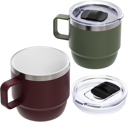 8 oz Small Coffee Mug with Magnetic Sliding Lid & Handle, Ceramic-Lined 18/8 Stainless Steel, Double-Wall Vacuum Insulated Espresso Coffee Cup, Stackable & Dishwasher Safe, White