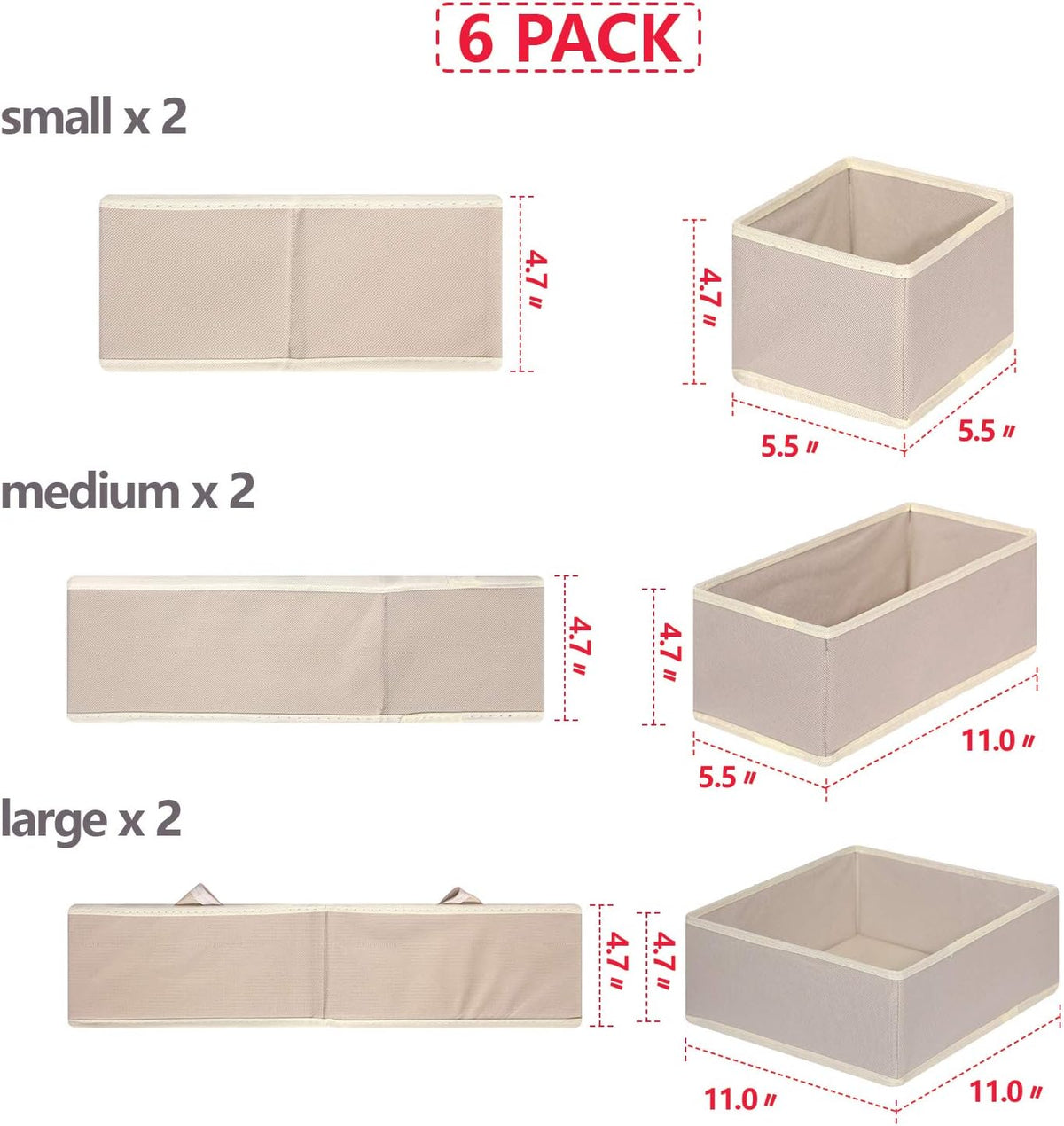 6 Pack Foldable Cloth Storage Box Closet Dresser Drawer Organizer Fabric Baskets Bins Containers Divider with Drawers for Clothes, Underwear, Bras, Socks, Lingerie, Clothing