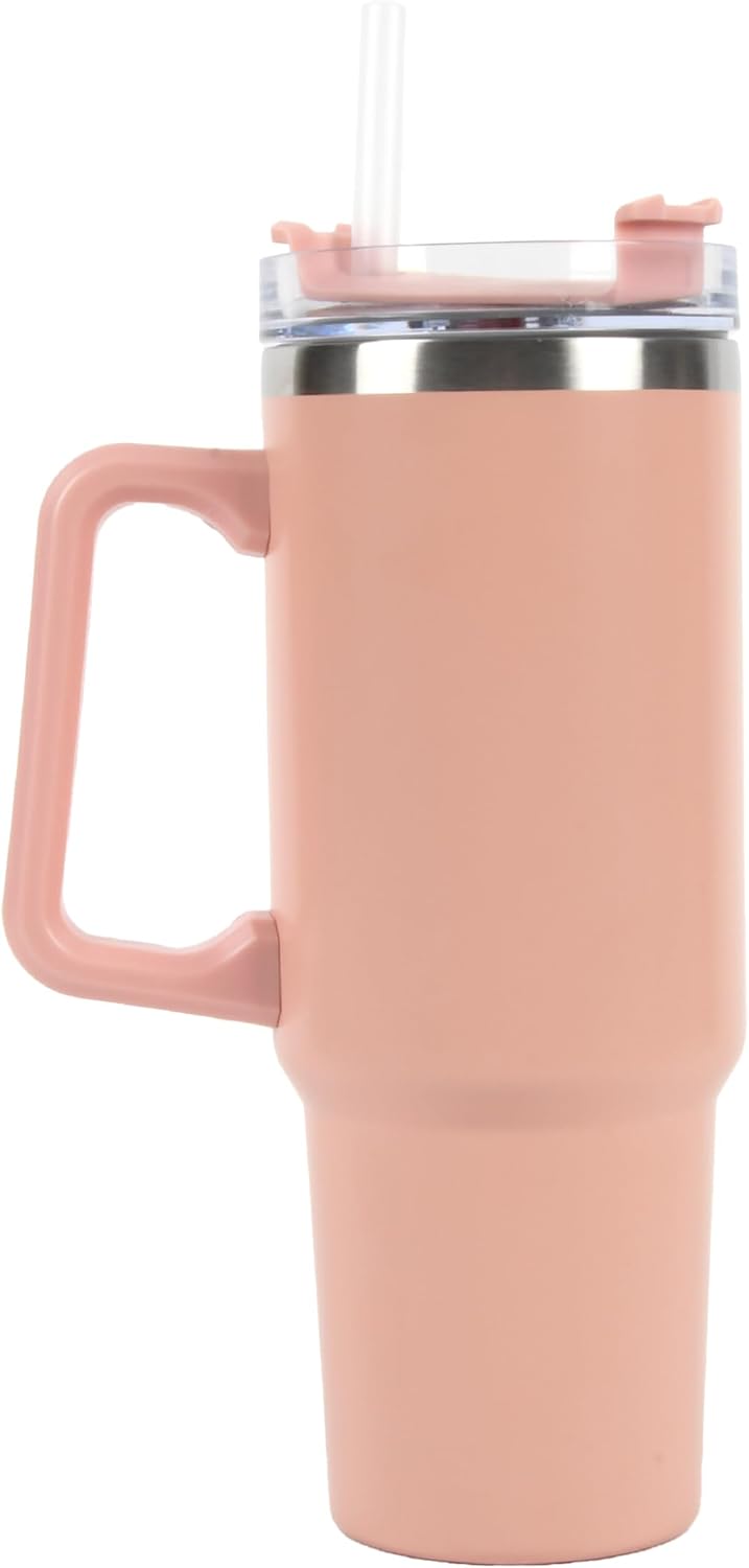Envie 30 oz Tumbler Mug with Lid and Straw, Reusable Insulated Stainless Steel Tumbler with Handle for Iced & Hot Beverages, Blush Pink