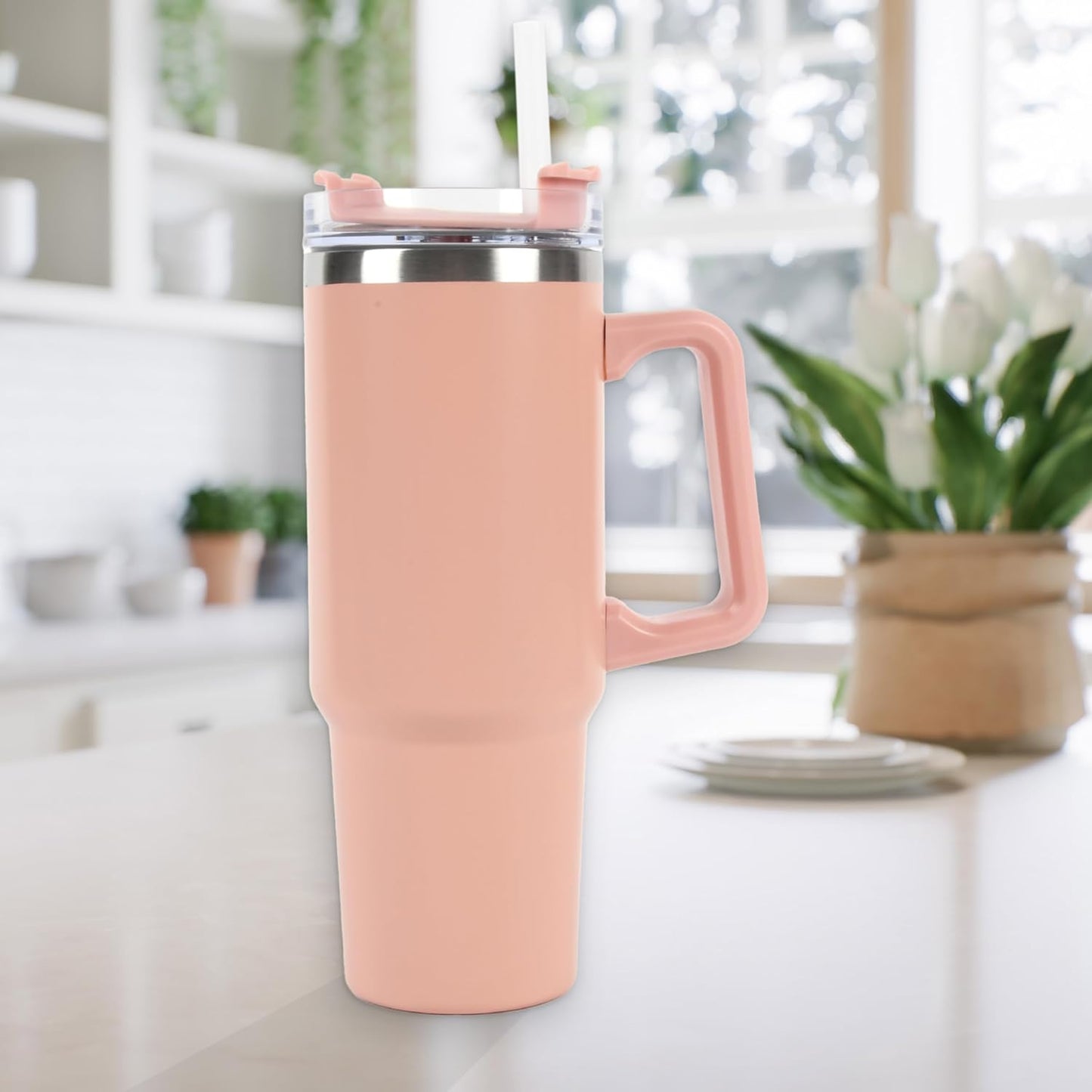 Envie 30 oz Tumbler Mug with Lid and Straw, Reusable Insulated Stainless Steel Tumbler with Handle for Iced & Hot Beverages, Blush Pink