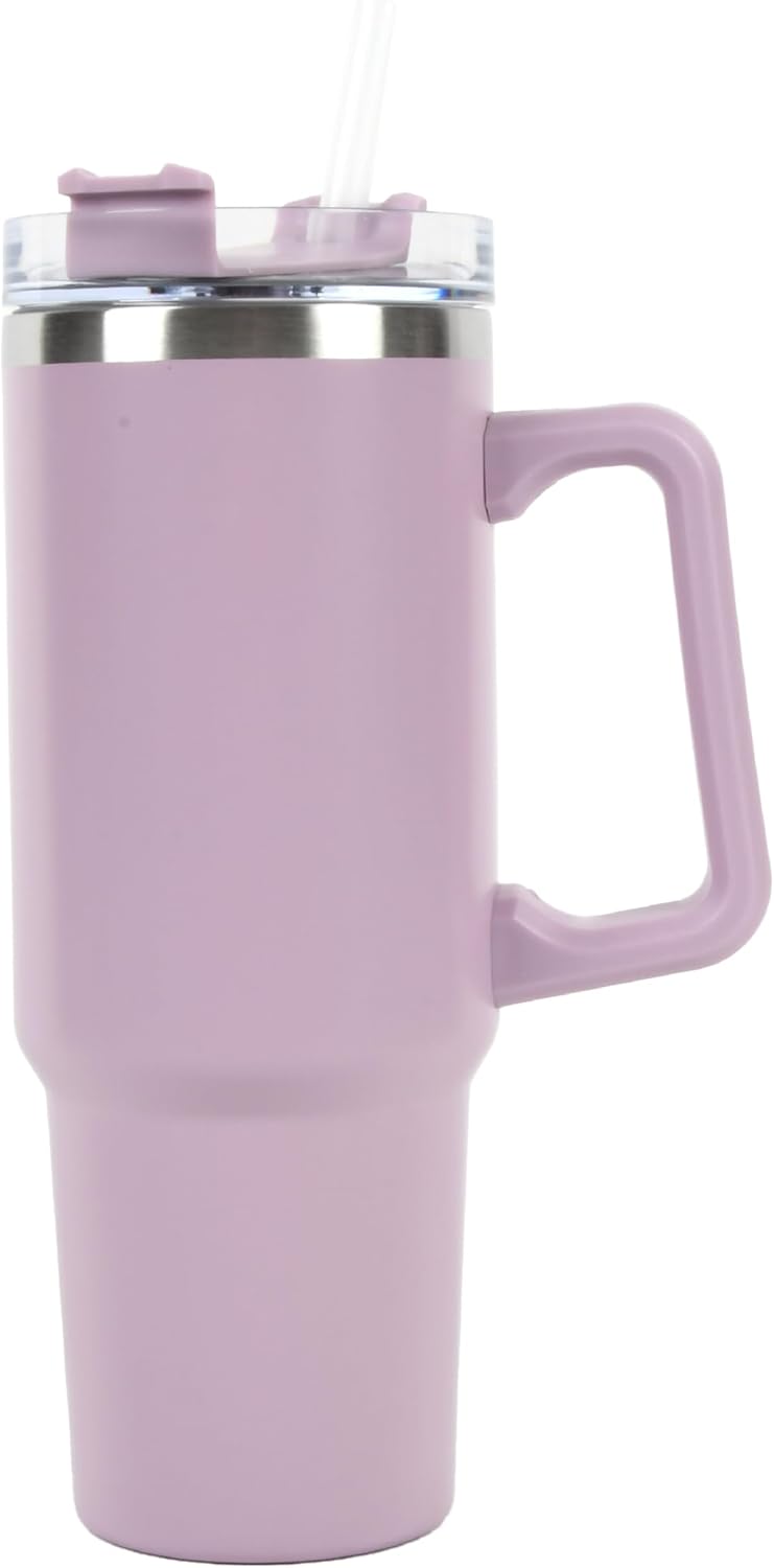 Envie 30 oz Tumbler Mug with Lid and Straw, Reusable Insulated Stainless Steel Tumbler with Handle for Iced & Hot Beverages, Blush Pink