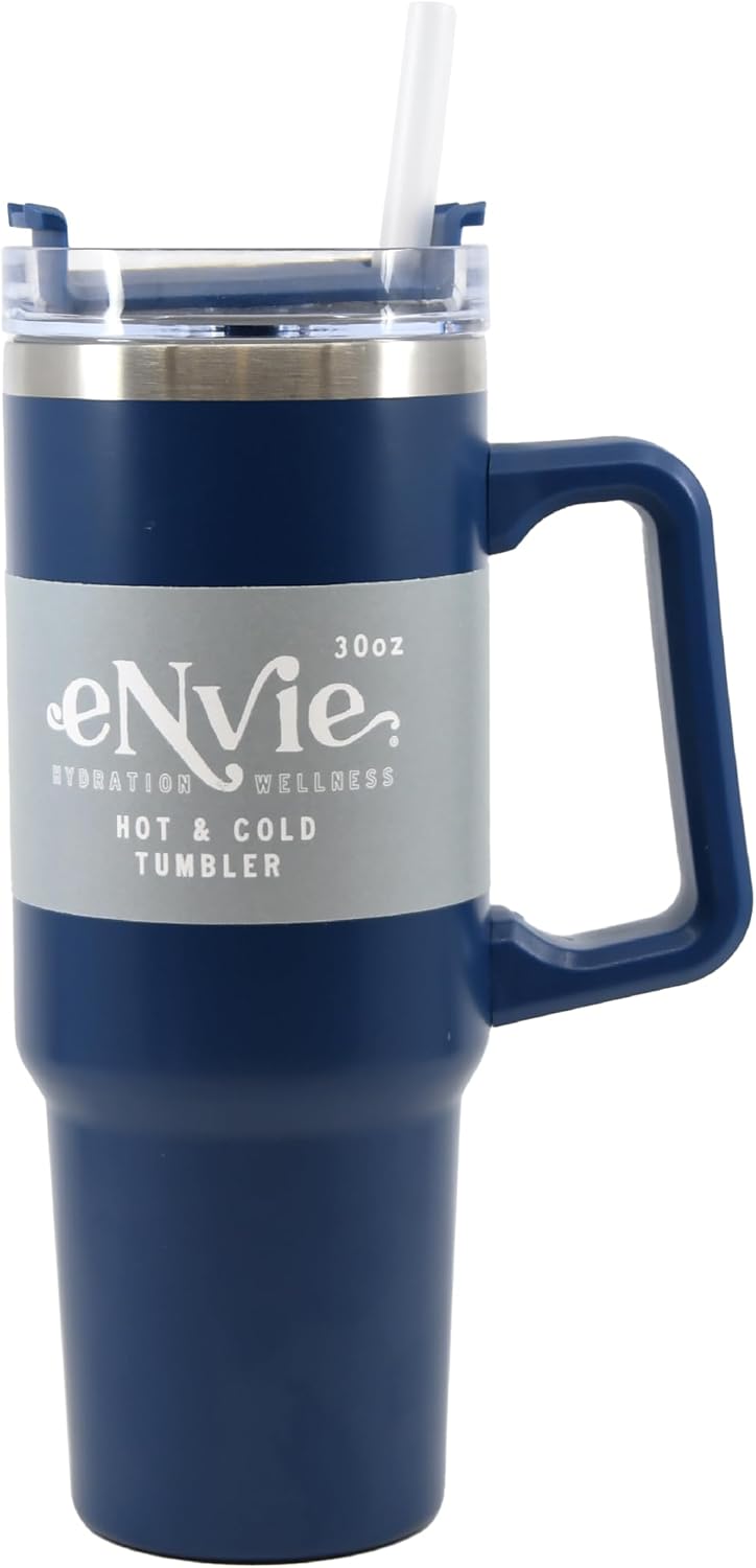 Envie 30 oz Tumbler Mug with Lid and Straw, Reusable Insulated Stainless Steel Tumbler with Handle for Iced & Hot Beverages, Blush Pink