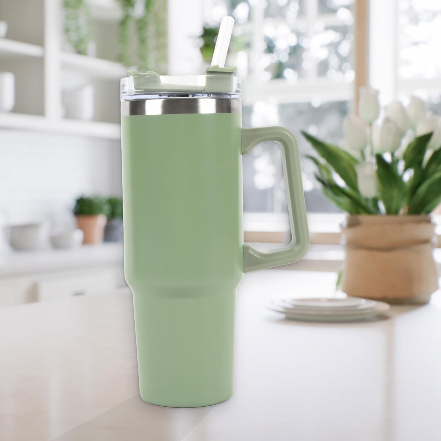 Envie 30 oz Tumbler Mug with Lid and Straw, Reusable Insulated Stainless Steel Tumbler with Handle for Iced & Hot Beverages, Blush Pink