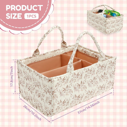 Floral Diaper Caddy Organizer, Nursery Storage Basket with Handles and Removable Dividers, Portable Baby Storage Bin and Car Organizer for Wipes, Baby Shower Gifts and Registry Newborn Essentials