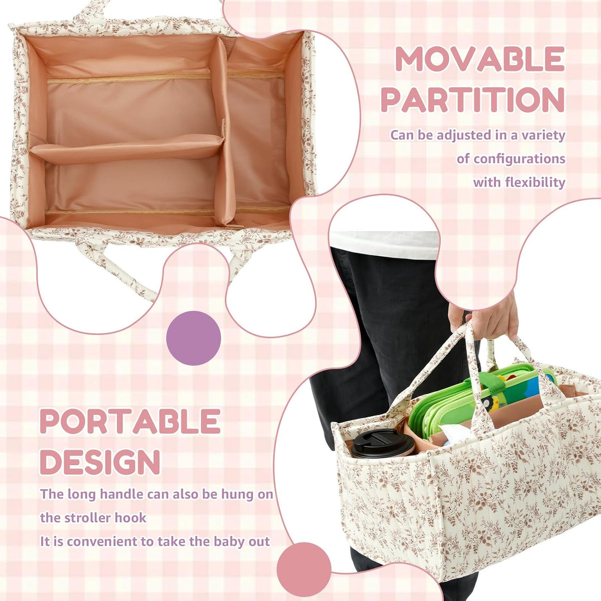 Floral Diaper Caddy Organizer, Nursery Storage Basket with Handles and Removable Dividers, Portable Baby Storage Bin and Car Organizer for Wipes, Baby Shower Gifts and Registry Newborn Essentials