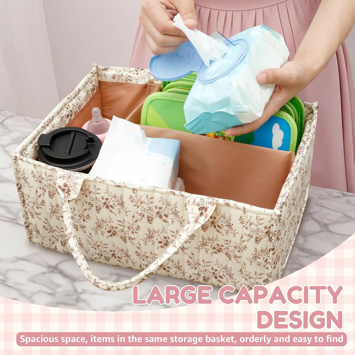 Floral Diaper Caddy Organizer, Nursery Storage Basket with Handles and Removable Dividers, Portable Baby Storage Bin and Car Organizer for Wipes, Baby Shower Gifts and Registry Newborn Essentials