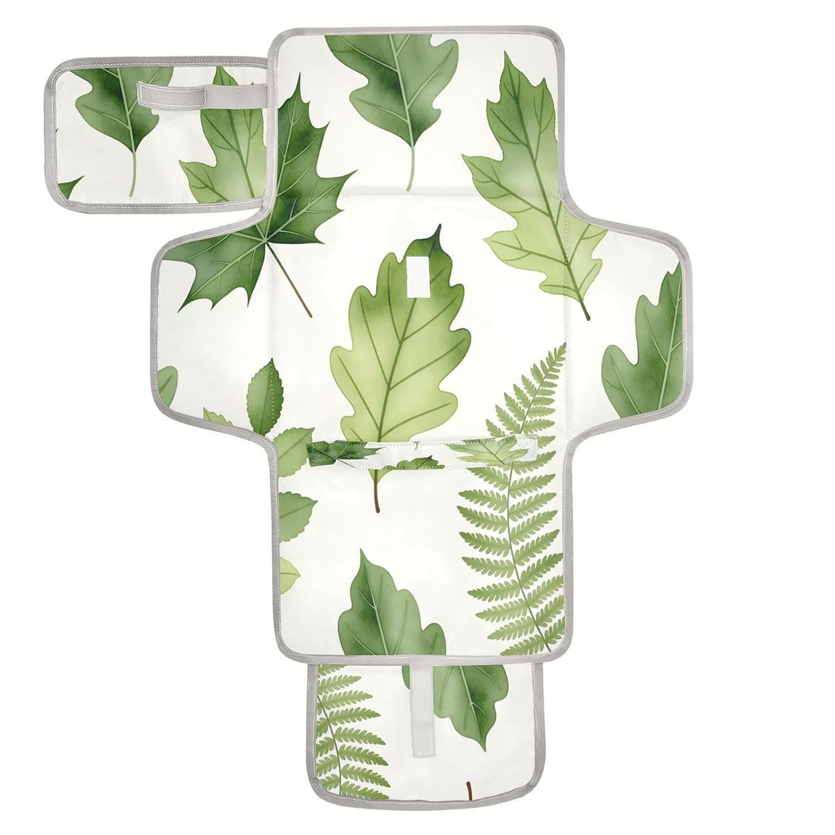 Green Leaves Portable Diaper Changing Pad, Waterproof Baby Changing Mat with Storage Pocket & Built-in Pillow, Foldable Travel Pad, Newborn Gift Set for Boy Girl
