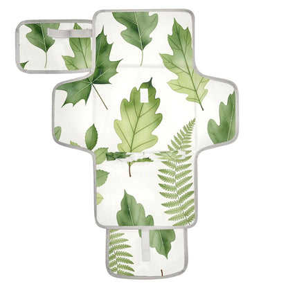 Green Leaves Portable Diaper Changing Pad, Waterproof Baby Changing Mat with Storage Pocket & Built-in Pillow, Foldable Travel Pad, Newborn Gift Set for Boy Girl