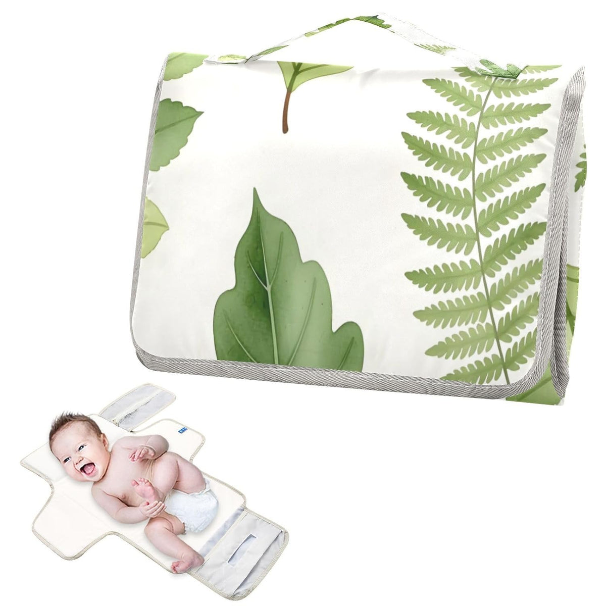 Green Leaves Portable Diaper Changing Pad, Waterproof Baby Changing Mat with Storage Pocket & Built-in Pillow, Foldable Travel Pad, Newborn Gift Set for Boy Girl