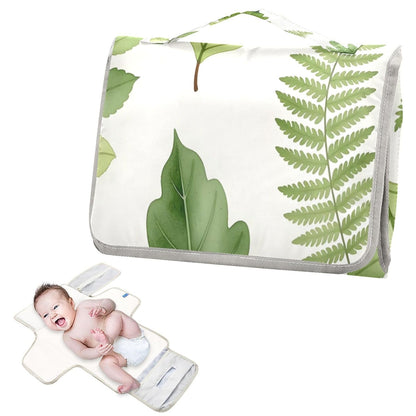 Green Leaves Portable Diaper Changing Pad, Waterproof Baby Changing Mat with Storage Pocket & Built-in Pillow, Foldable Travel Pad, Newborn Gift Set for Boy Girl