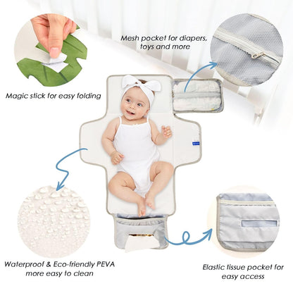 Green Leaves Portable Diaper Changing Pad, Waterproof Baby Changing Mat with Storage Pocket & Built-in Pillow, Foldable Travel Pad, Newborn Gift Set for Boy Girl