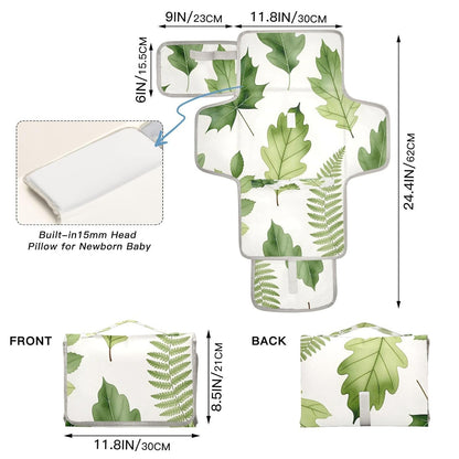 Green Leaves Portable Diaper Changing Pad, Waterproof Baby Changing Mat with Storage Pocket & Built-in Pillow, Foldable Travel Pad, Newborn Gift Set for Boy Girl