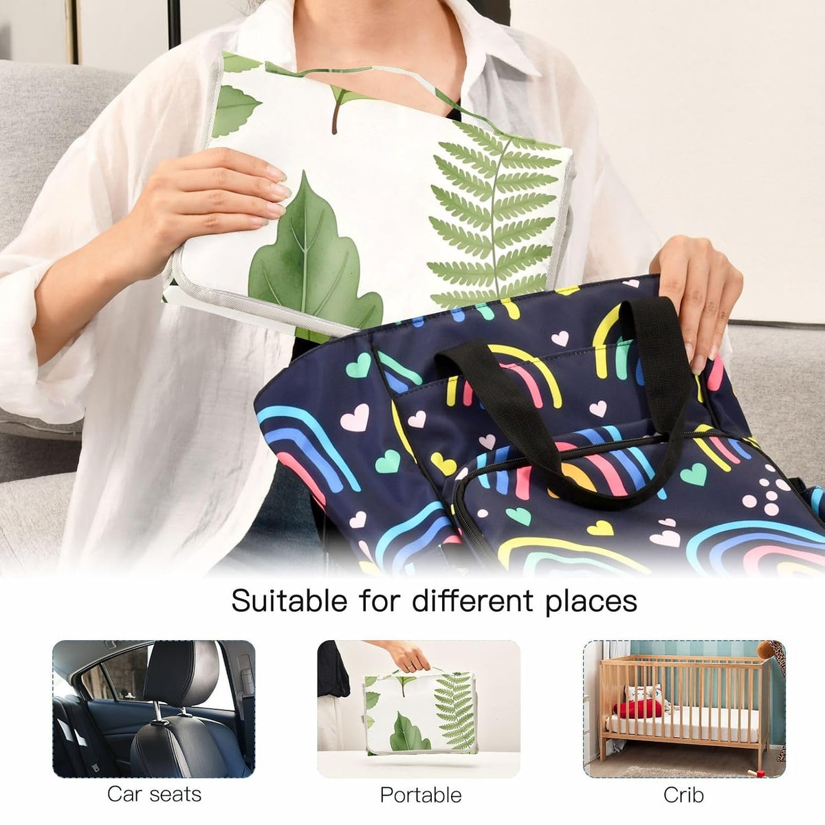 Green Leaves Portable Diaper Changing Pad, Waterproof Baby Changing Mat with Storage Pocket & Built-in Pillow, Foldable Travel Pad, Newborn Gift Set for Boy Girl