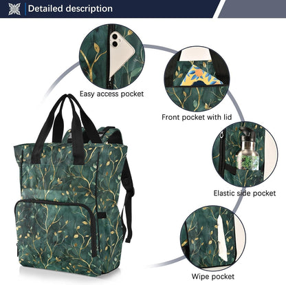 Diaper Bag Backpack, Multifunction Travel Bag for Moms Dads, Baby Changing Bag with Insulted Pockets, Stroller Straps and Side Bottle Pockets Green Texture